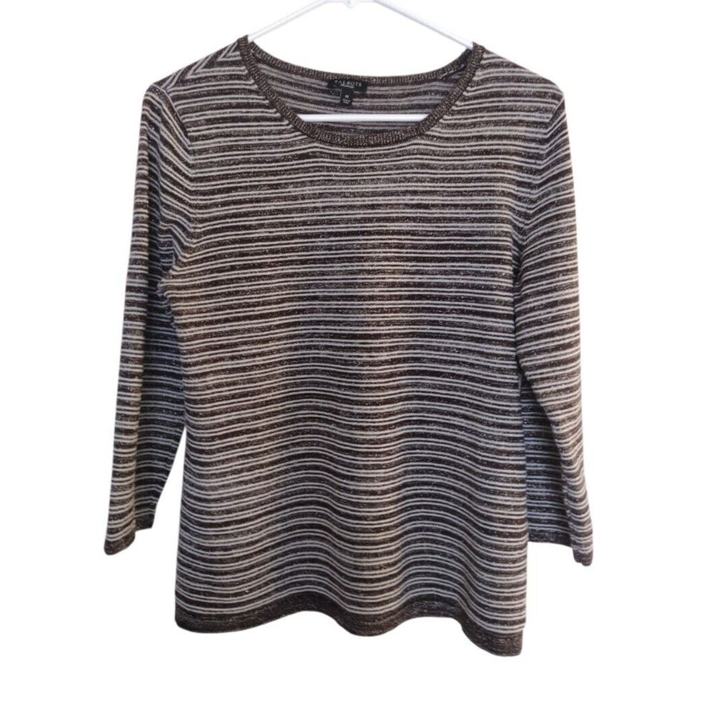 TALBOTS Blouse Woman Medium Gray Metallic Striped Linen Blen 3/4 Sleeves Knit‎